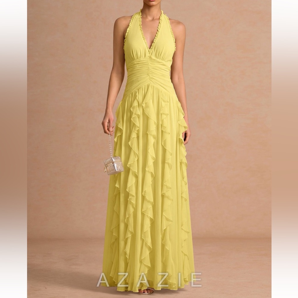 Azazie Lemon Halter Ruffle Maxi Gown